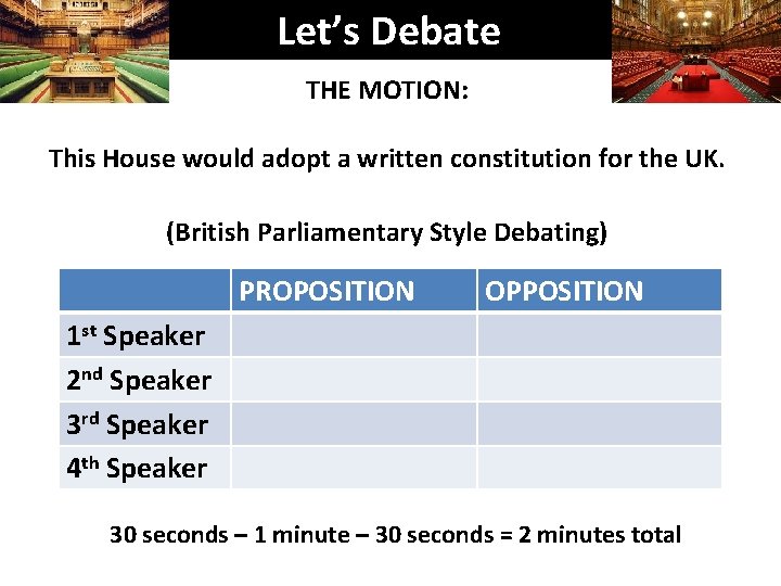 Let’s Debate THE MOTION: This House would adopt a written constitution for the UK.