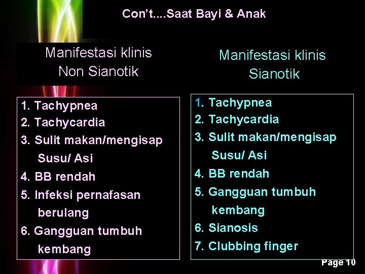 Con’t. . Saat Bayi & Anak Manifestasi klinis Non Sianotik 1. Tachypnea 2. Tachycardia Con’t. . Saat Bayi & Anak Manifestasi klinis Non Sianotik 1. Tachypnea 2. Tachycardia