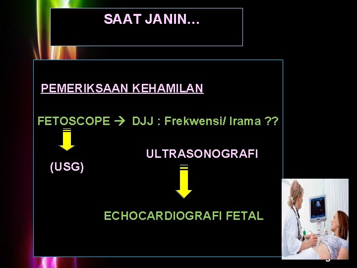 SAAT JANIN… PEMERIKSAAN KEHAMILAN FETOSCOPE DJJ : Frekwensi/ Irama ? ? (USG) ULTRASONOGRAFI ECHOCARDIOGRAFI