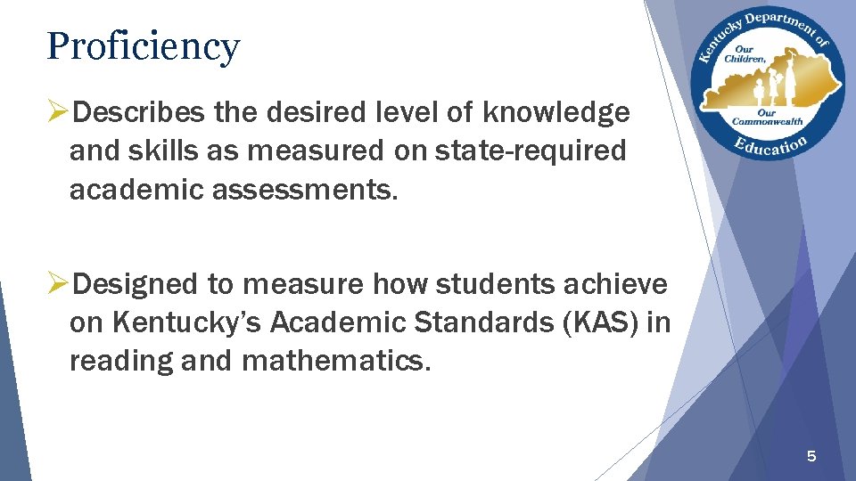 Proficiency ØDescribes the desired level of knowledge and skills as measured on state-required academic