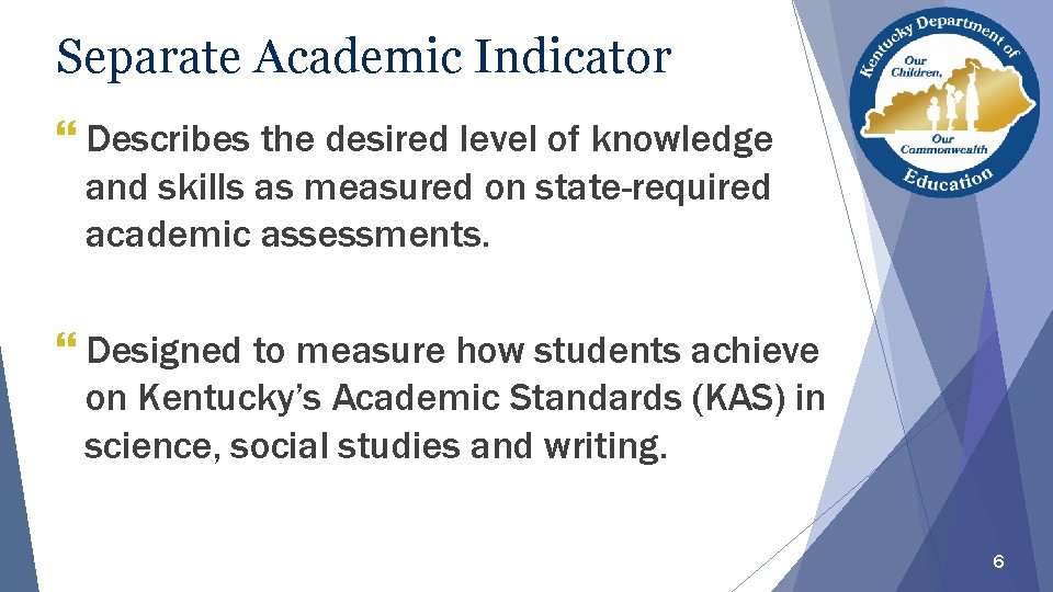 Separate Academic Indicator } Describes the desired level of knowledge and skills as measured