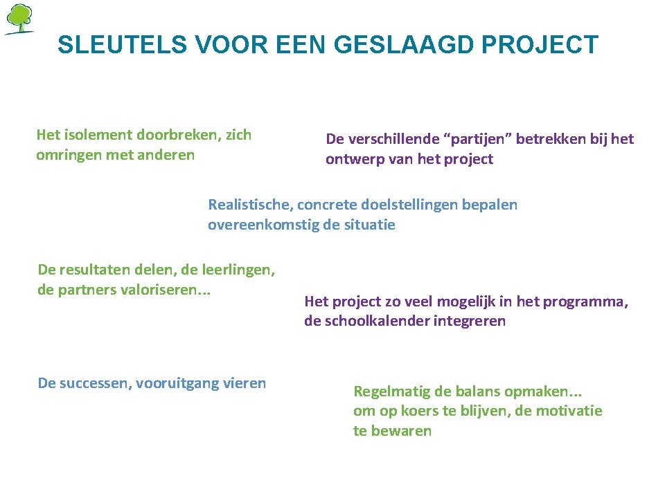 SLEUTELS VOOR EEN GESLAAGD PROJECT Het isolement doorbreken, zich omringen met anderen De verschillende