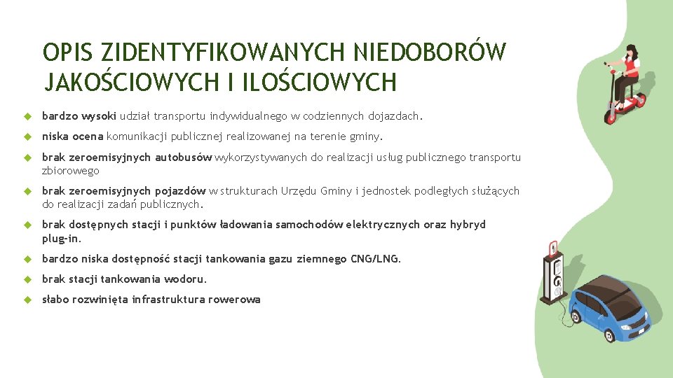 OPIS ZIDENTYFIKOWANYCH NIEDOBORÓW JAKOŚCIOWYCH I ILOŚCIOWYCH bardzo wysoki udział transportu indywidualnego w codziennych dojazdach.