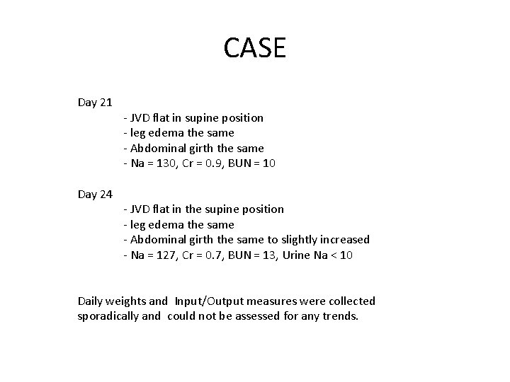 CASE Day 21 Day 24 - JVD flat in supine position - leg edema