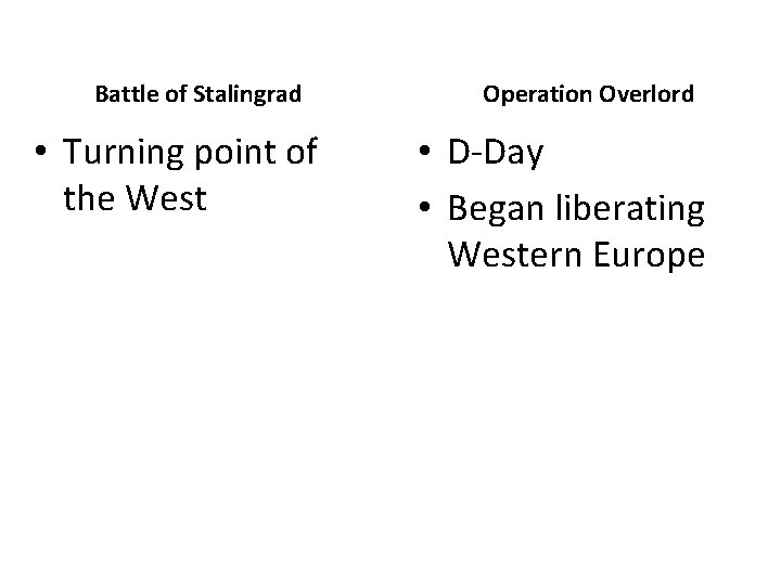 Battle of Stalingrad • Turning point of the West Operation Overlord • D-Day •