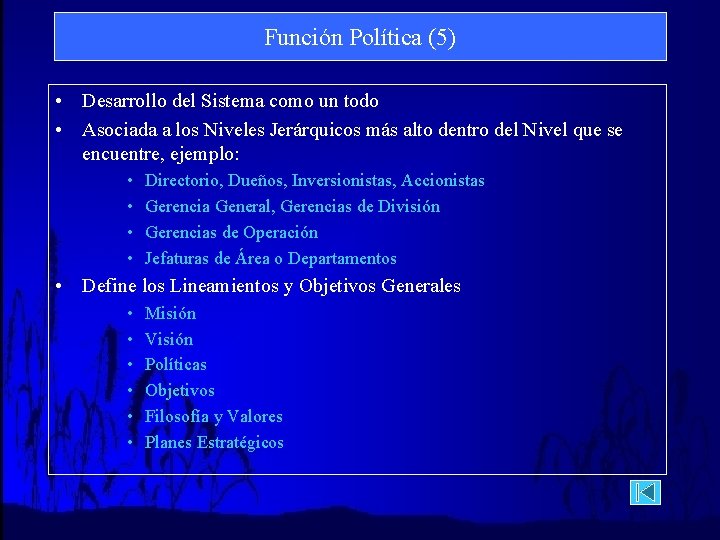 Función Política (5) • Desarrollo del Sistema como un todo • Asociada a los
