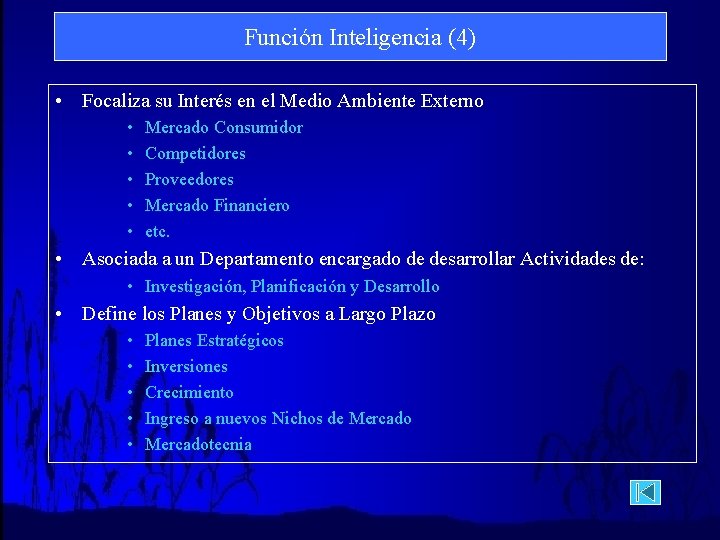 Función Inteligencia (4) • Focaliza su Interés en el Medio Ambiente Externo • •