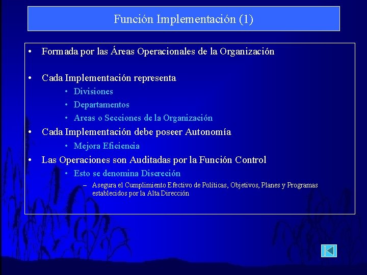 Función Implementación (1) • Formada por las Áreas Operacionales de la Organización • Cada