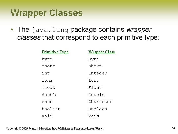 Wrapper Classes • The java. lang package contains wrapper classes that correspond to each
