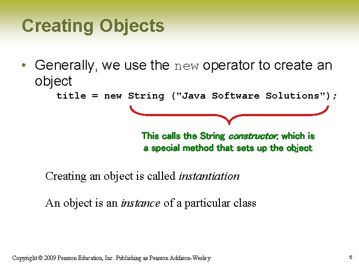 Creating Objects • Generally, we use the new operator to create an object title