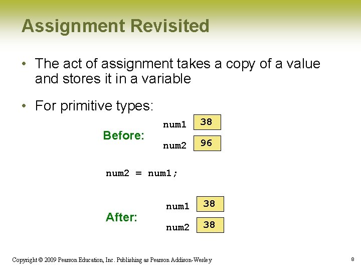 Assignment Revisited • The act of assignment takes a copy of a value and