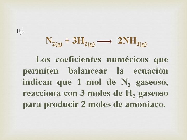 Ej. N 2(g) + 3 H 2(g) 2 NH 3(g) Los coeficientes numéricos que