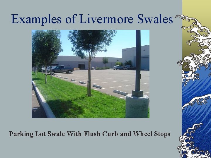 Examples of Livermore Swales Parking Lot Swale With Flush Curb and Wheel Stops 