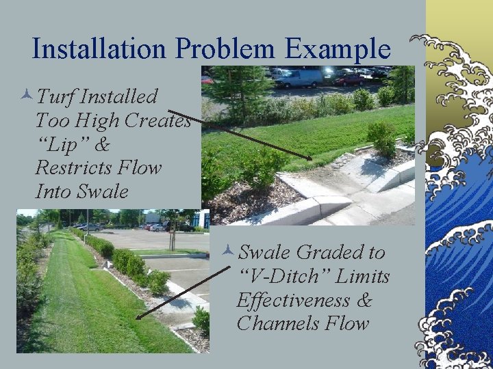 Installation Problem Example ©Turf Installed Too High Creates “Lip” & Restricts Flow Into Swale
