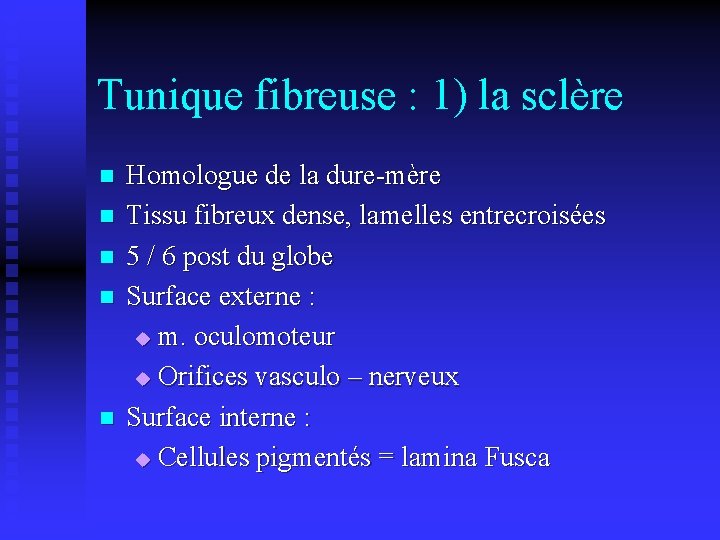 Tunique fibreuse : 1) la sclère n n n Homologue de la dure-mère Tissu