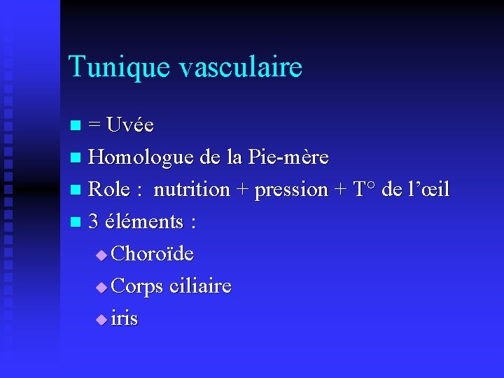 Tunique vasculaire = Uvée n Homologue de la Pie-mère n Role : nutrition +