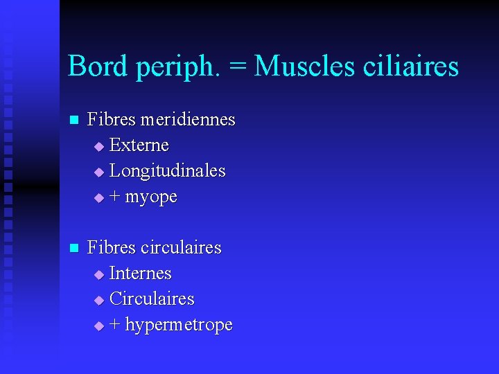 Bord periph. = Muscles ciliaires n Fibres meridiennes u Externe u Longitudinales u +