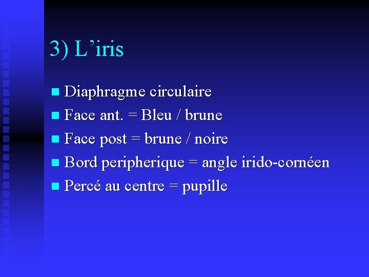 3) L’iris Diaphragme circulaire n Face ant. = Bleu / brune n Face post