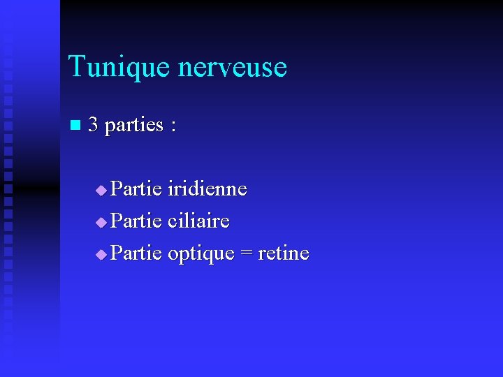 Tunique nerveuse n 3 parties : Partie iridienne u Partie ciliaire u Partie optique