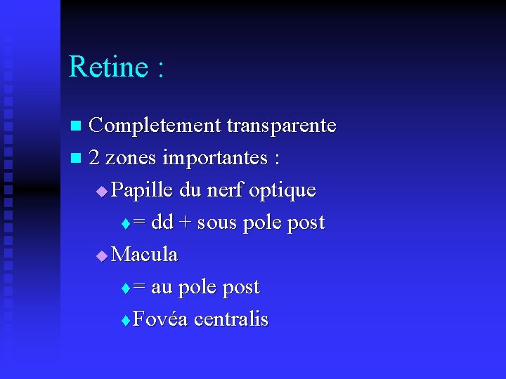 Retine : Completement transparente n 2 zones importantes : u Papille du nerf optique