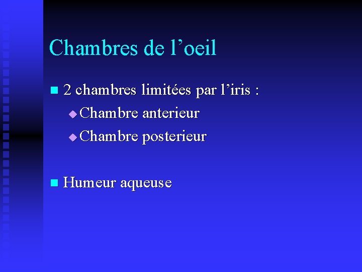 Chambres de l’oeil n 2 chambres limitées par l’iris : u Chambre anterieur u