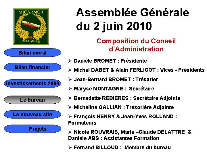 Assemblée Générale du 2 juin 2010 Bilan moral Composition du Conseil d’Administration Ø Danièle