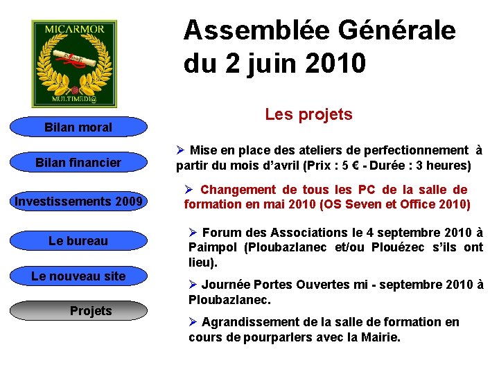 Assemblée Générale du 2 juin 2010 Bilan moral Les projets Bilan financier Ø Mise