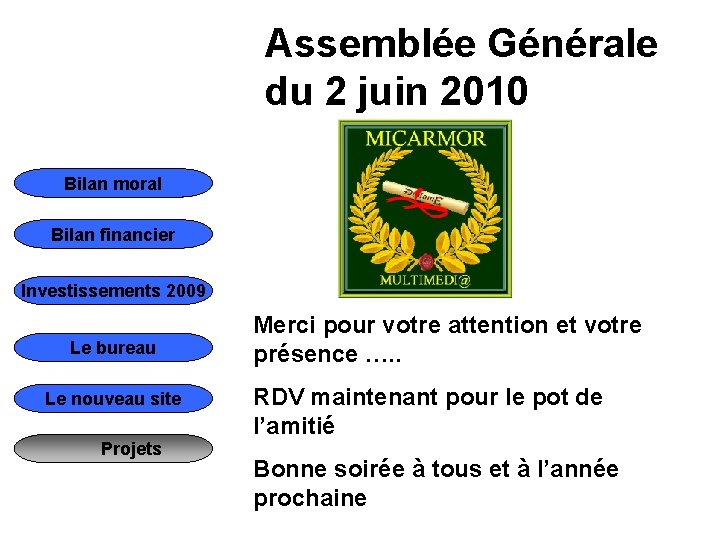 Assemblée Générale du 2 juin 2010 Bilan moral Bilan financier Investissements 2009 Le bureau