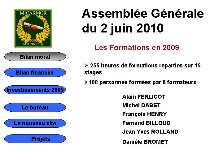 Assemblée Générale du 2 juin 2010 Les Formations en 2009 Bilan moral Bilan financier