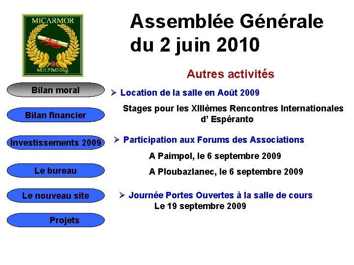 Assemblée Générale du 2 juin 2010 Autres activités Bilan moral Bilan financier Investissements 2009