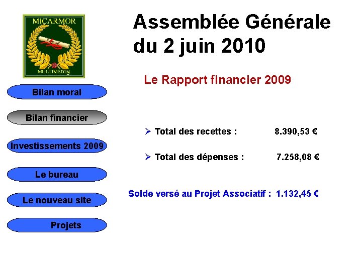 Assemblée Générale du 2 juin 2010 Le Rapport financier 2009 Bilan moral Bilan financier