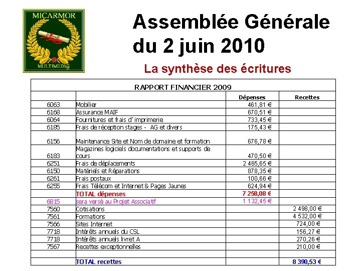 Assemblée Générale du 2 juin 2010 La synthèse des écritures RAPPORT FINANCIER 2009 Dépenses