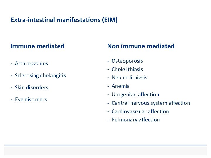 Extra-intestinal manifestations (EIM) Immune mediated Non immune mediated - Arthropathies - - Sclerosing cholangitis