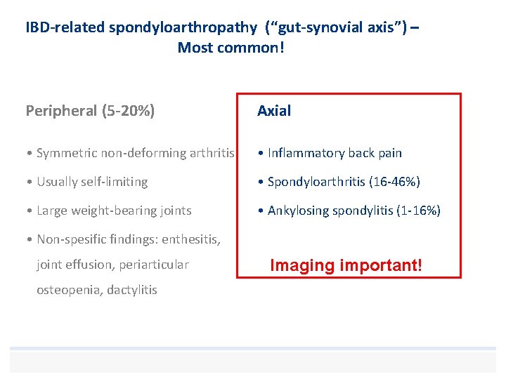 IBD-related spondyloarthropathy (“gut-synovial axis”) – Most common! Peripheral (5 -20%) Axial • Symmetric non-deforming