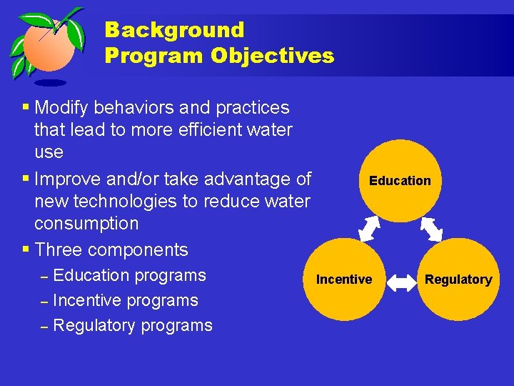 Background Program Objectives § Modify behaviors and practices that lead to more efficient water