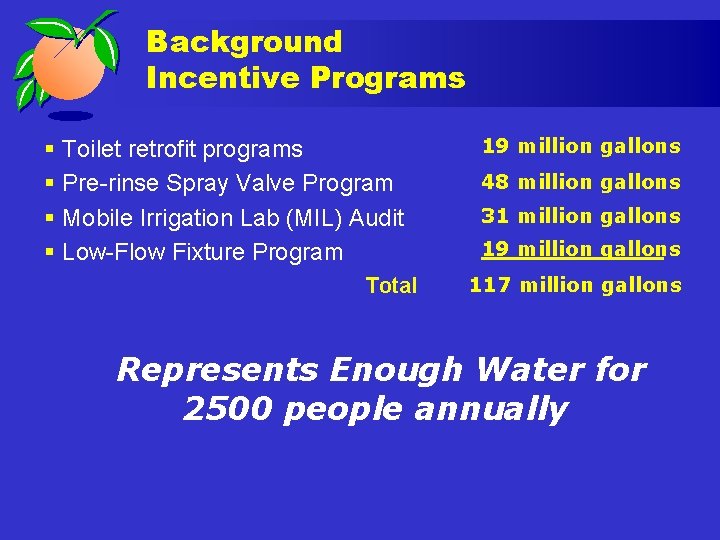 Background Incentive Programs § Toilet retrofit programs § Pre-rinse Spray Valve Program § Mobile