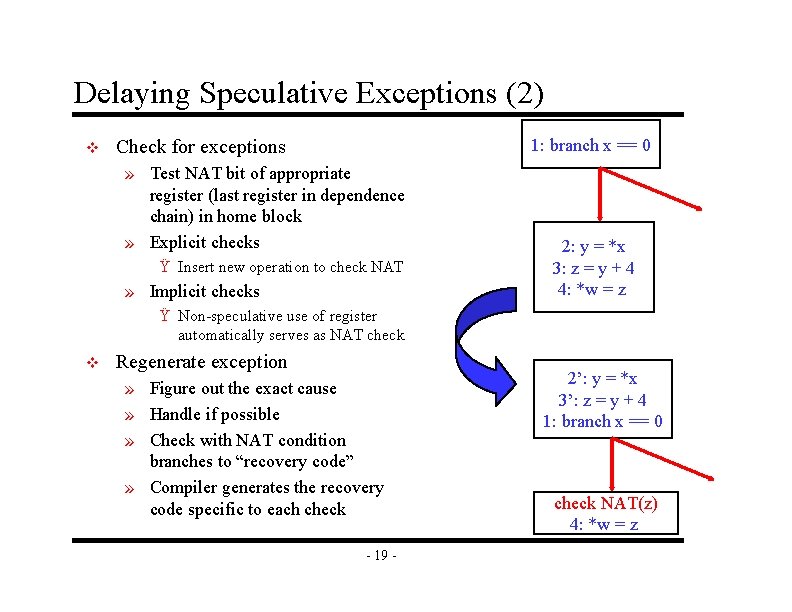 Delaying Speculative Exceptions (2) v 1: branch x == 0 Check for exceptions »