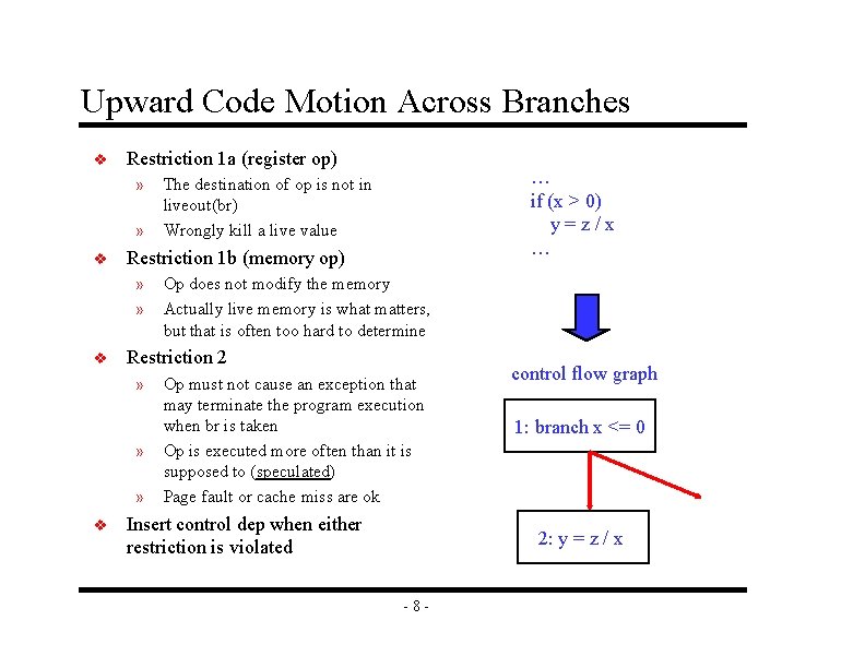 Upward Code Motion Across Branches v Restriction 1 a (register op) » » v