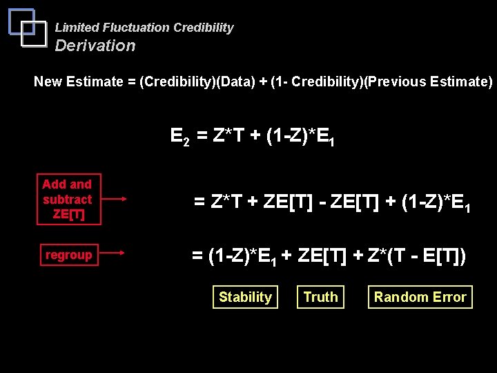 Limited Fluctuation Credibility Derivation New Estimate = (Credibility)(Data) + (1 - Credibility)(Previous Estimate) E