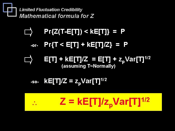 Limited Fluctuation Credibility Mathematical formula for Z Pr{Z(T-E[T]) < k. E[T]} = P -or-