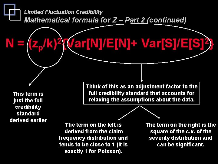 Limited Fluctuation Credibility Mathematical formula for Z – Part 2 (continued) N = (zp/k)2{Var[N]/E[N]+