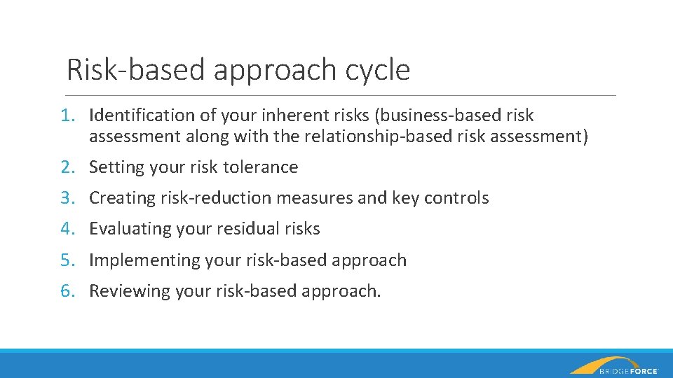 Risk-based approach cycle 1. Identification of your inherent risks (business-based risk assessment along with