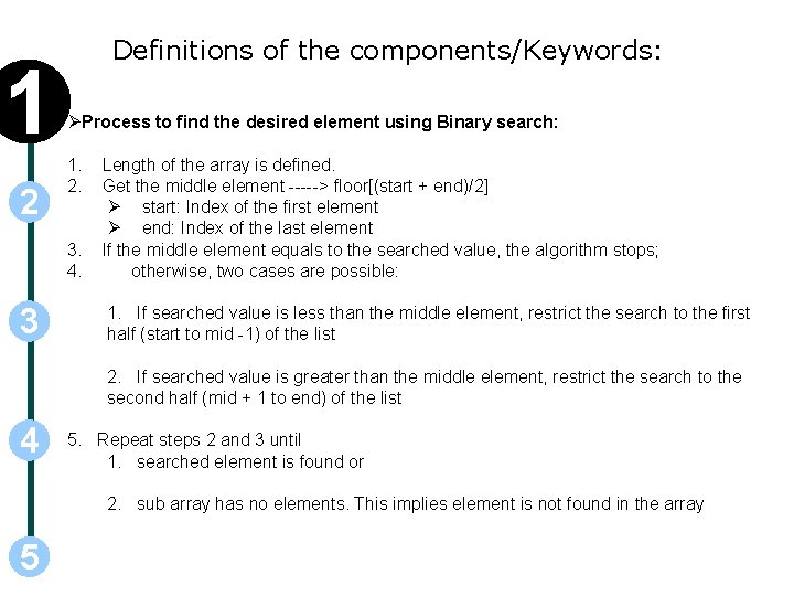 1 2 Definitions of the components/Keywords: ØProcess to find the desired element using Binary 1 2 Definitions of the components/Keywords: ØProcess to find the desired element using Binary
