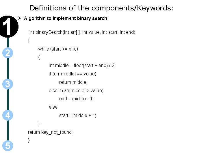 Definitions of the components/Keywords: 1 Ø Algorithm to implement binary search: int binary. Search(int