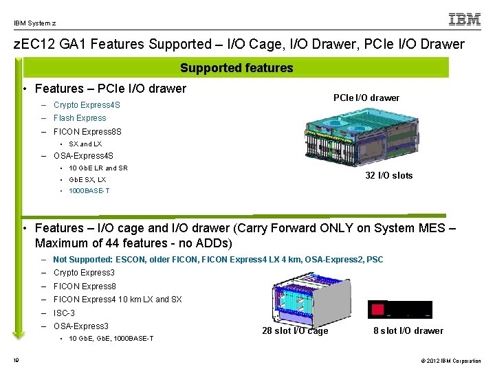 IBM System z z. EC 12 GA 1 Features Supported – I/O Cage, I/O