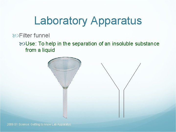 Laboratory Apparatus Filter funnel Use: To help in the separation of an insoluble substance