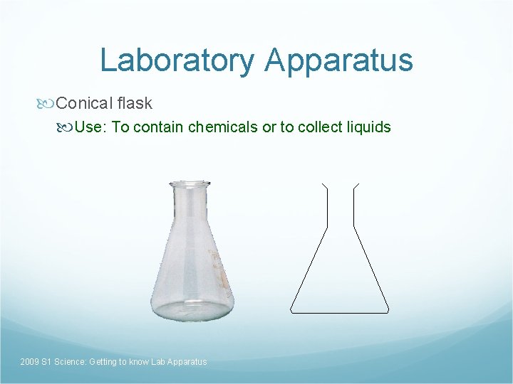 Laboratory Apparatus Conical flask Use: To contain chemicals or to collect liquids 2009 S