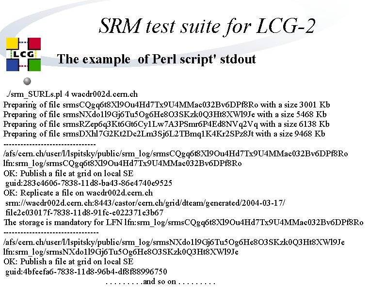 SRM test suite for LCG-2 The example of Perl script' stdout. /srm_SURLs. pl 4 SRM test suite for LCG-2 The example of Perl script' stdout. /srm_SURLs. pl 4