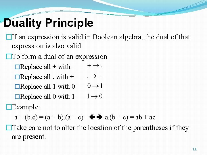 Duality Principle �If an expression is valid in Boolean algebra, the dual of that Duality Principle �If an expression is valid in Boolean algebra, the dual of that