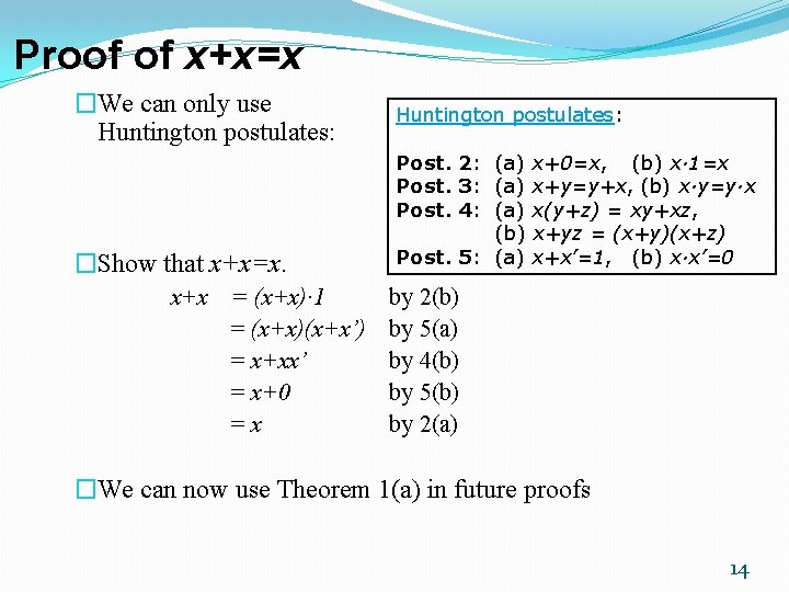 Proof of x+x=x �We can only use Huntington postulates: �Show that x+x=x. x+x = Proof of x+x=x �We can only use Huntington postulates: �Show that x+x=x. x+x =
